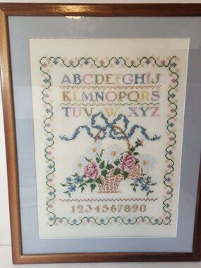 Large Vintage Framed Cross Stitch Sampler Alphabet Floral Basket Wood 18x24
